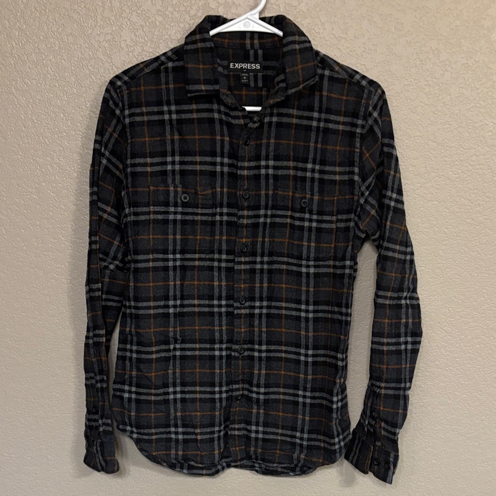 Express Men's Black and Brown Plaid Shirt